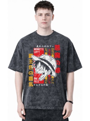 Sevbano Tasarım Monkey D. Luffy One Piece Anime Baskılı Unisex Oversize Eskitme Yıkamalı Tişört
