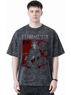 Sevbano Tasarım Uchiha Itachi Naruto Anime Baskılı Unisex Oversize Eskitme Yıkamalı Tişört
