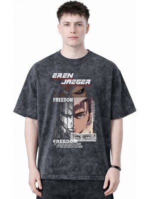 Sevbano Tasarım Eren Yeager Attack On Titan Anime Baskılı Unisex Oversize Eskitme Yıkamalı Tişört