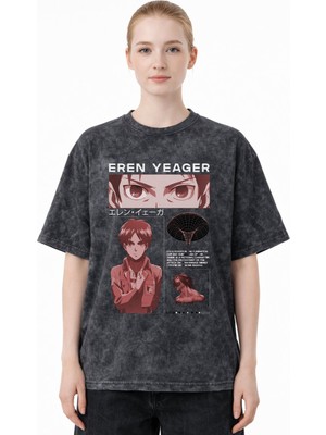 Sevbano Tasarım Eren Yeager Attack On Titan Anime Baskılı Unisex Oversize Eskitme Yıkamalı Tişört