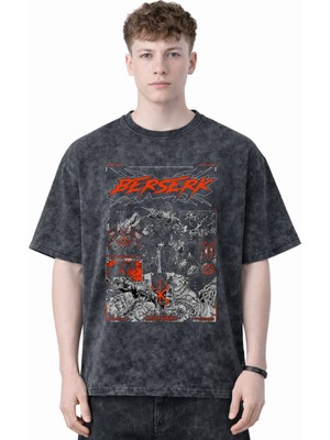 Sevbano Tasarım Berserk Guts Anime Baskılı Unisex Oversize Eskitme Yıkamalı Tişört