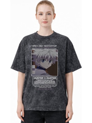 Sevbano Tasarım Killua Zoldyck Hunter x Hunter Anime Baskılı Unisex Oversize Eskitme Yıkamalı Tişört