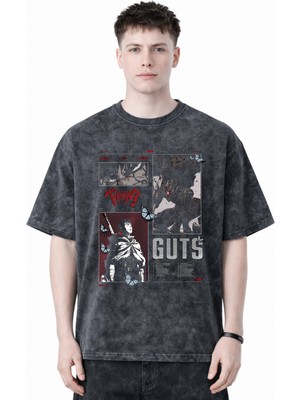 Sevbano Tasarım Berserk Guts Anime Baskılı Unisex Oversize Eskitme Yıkamalı Tişört