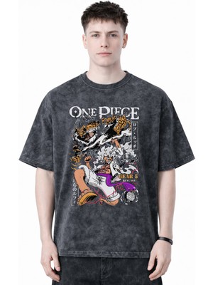 Sevbano Tasarım Monkey D. Luffy Gear 5 One Piece Anime Baskılı Unisex Oversize Eskitme Yıkamalı Tişört