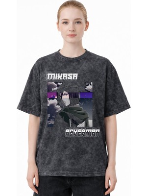 Sevbano Tasarım Mikasa Ackerman Attack On Titan Anime Baskılı Unisex Oversize Eskitme Yıkamalı Tişört
