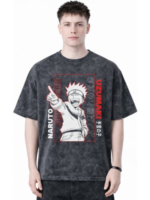 Sevbano Tasarım Naruto Uzumaki Anime Baskılı Unisex Oversize Eskitme Yıkamalı Tişört