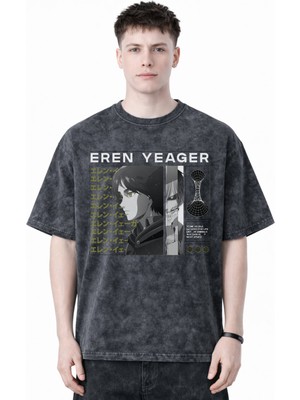 Sevbano Tasarım Eren Yeager Attack On Titan Anime Baskılı Unisex Oversize Eskitme Yıkamalı Tişört
