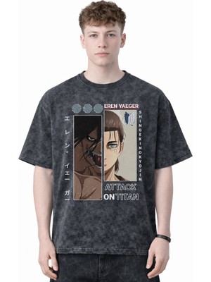 Sevbano Tasarım Eren Yeager Attack On Titan Anime Baskılı Unisex Oversize Eskitme Yıkamalı Tişört