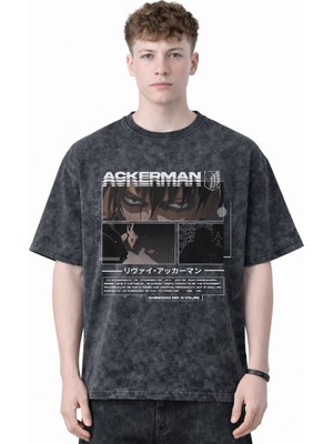 Sevbano Tasarım Levi Ackerman Attack On Titan Anime Baskılı Unisex Oversize Eskitme Yıkamalı Tişört