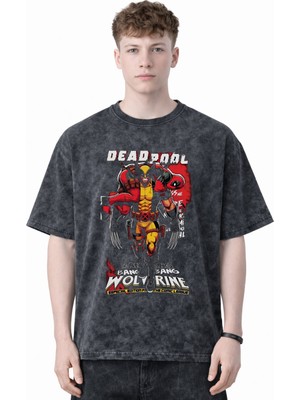 Sevbano Tasarım Deadpool Wolverine Film Kahramanı Baskılı Unisex Oversize Eskitme Yıkamalı Tişört