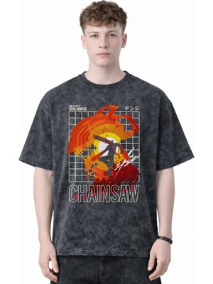 Sevbano Tasarım Chainsaw Man Devil Hunter Anime Baskılı Unisex Oversize Eskitme Yıkamalı Tişört