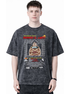 Sevbano Tasarım Monkey D. Luffy One Piece Anime Baskılı Unisex Oversize Eskitme Yıkamalı Tişört
