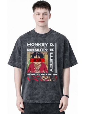 Sevbano Tasarım Monkey D. Luffy One Piece Anime Baskılı Unisex Oversize Eskitme Yıkamalı Tişört