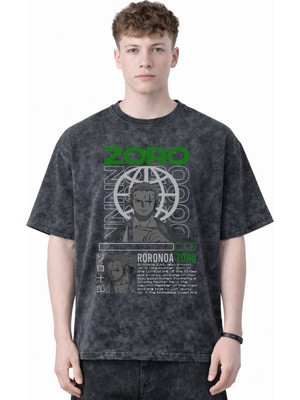 Sevbano Tasarım Roronoa Zoro One Piece Anime Baskılı Unisex Oversize Eskitme Yıkamalı Tişört