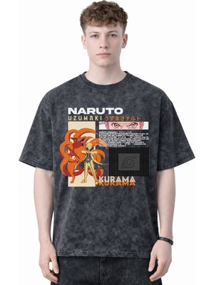 Sevbano Tasarım Naruto Uzumaki Kurama Anime Baskılı Unisex Oversize Eskitme Yıkamalı Tişört