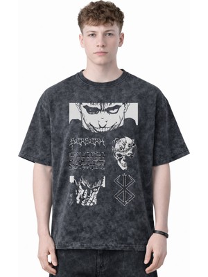 Sevbano Tasarım Berserk Guts Anime Baskılı Unisex Oversize Eskitme Yıkamalı Tişört