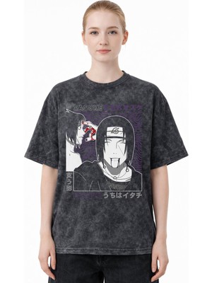 Sevbano Tasarım Sasuke Uchiha Naruto Anime Baskılı Unisex Oversize Eskitme Yıkamalı Tişört