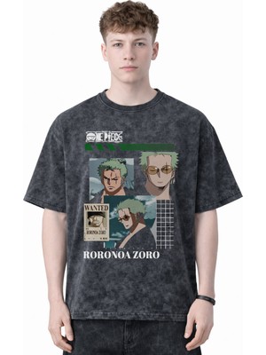 Sevbano Tasarım Wanted Roronoa Zoro One Piece Anime Baskılı Unisex Oversize Eskitme Yıkamalı Tişört
