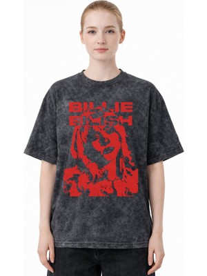 Sevbano Tasarım Billie Eilish Şarkıcı Baskılı Unisex Oversize Eskitme Yıkamalı Tişört