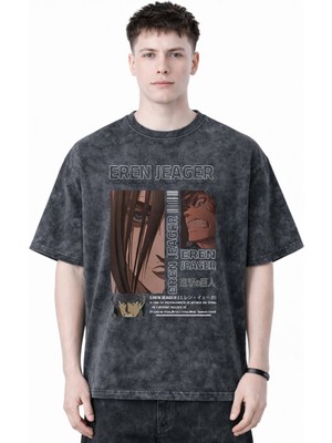 Sevbano Tasarım Eren Yeager Attack On Titan Anime Baskılı Unisex Oversize Eskitme Yıkamalı Tişört