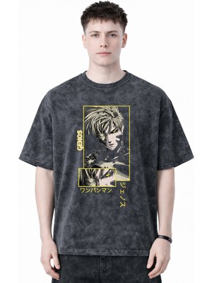 Sevbano Tasarım Genos One Punch Man Anime Baskılı Unisex Oversize Eskitme Yıkamalı Tişört