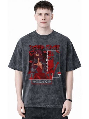 Sevbano Tasarım Uchiha Itachi Naruto Anime Baskılı Unisex Oversize Eskitme Yıkamalı Tişört
