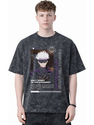 Sevbano Tasarım Satoru Gojo Jujutsu Kaisen Anime Baskılı Unisex Oversize Eskitme Yıkamalı Tişört