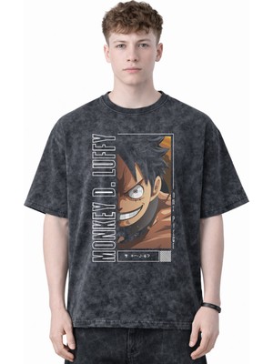 Sevbano Tasarım Monkey D. Luffy One Piece Anime Baskılı Unisex Oversize Eskitme Yıkamalı Tişört