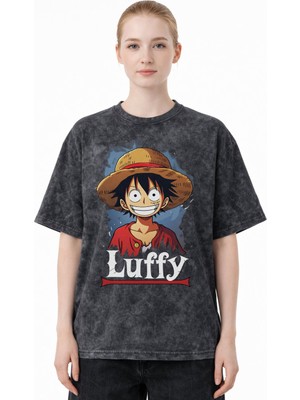 Sevbano Tasarım Monkey D. Luffy One Piece Anime Baskılı Unisex Oversize Eskitme Yıkamalı Tişört