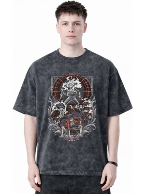 Sevbano Tasarım Monkey D. Luffy One Piece Anime Baskılı Unisex Oversize Eskitme Yıkamalı Tişört