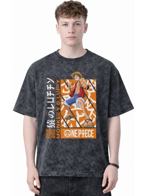 Sevbano Tasarım Monkey D. Luffy One Piece Anime Baskılı Unisex Oversize Eskitme Yıkamalı Tişört