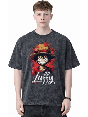 Sevbano Tasarım Monkey D. Luffy One Piece Anime Baskılı Unisex Oversize Eskitme Yıkamalı Tişört