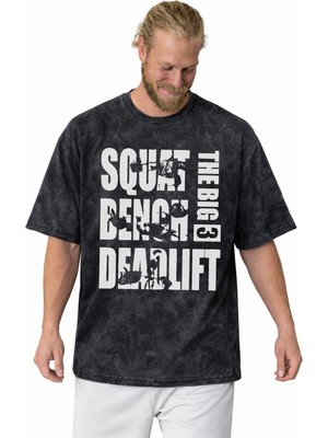 Sevbano Squat Bench Deadlift Fitness Bodybuilding Sporcu Baskılı Unisex Oversize Vintage Yıkamalı Tişört