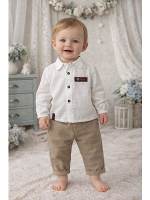 Aki Moda Kids Aki Moda Kıds Erkek Bebek Beyaz Gömlek Bej Pantolon Şık Takım