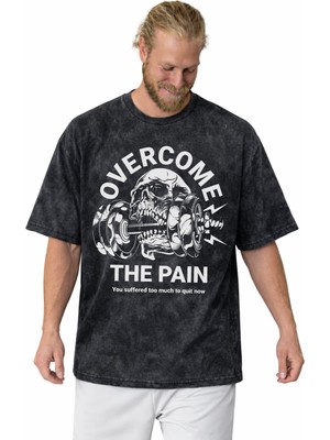 Sevbano Overcome The Pain Fitness Gym Bodybuilding Sporcu Baskılı Unisex Oversize Vintage Yıkamalı Tişört