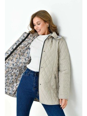 Mg Otantik Kapitone Kadın Büyük Beden Kaban Mont Kapüşonlu Içi Desenli Fermuarlı Çıtçıtlı