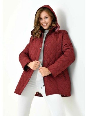 Mg Otantik Kapitone Kadın Büyük Beden Kaban Mont Kapüşonlu Içi Desenli Fermuarlı Çıtçıtlı