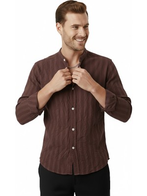 Deepsea Kahve Çizgi Dokulu Hakim Yaka Rahat Kalıp Kırışık Viskon Keten Erkek Gömlek 2602621