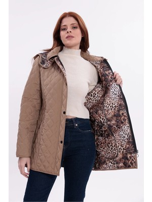 Mg Otantik Leopar Desenli Kapitone Kaban Mont Kadın Büyük Beden Kapüşonlu Fermuarlı Çıtçıtlı