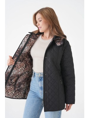 Mg Otantik Leopar Desenli Kapitone Kaban Mont Kadın Büyük Beden Kapüşonlu Fermuarlı Çıtçıtlı