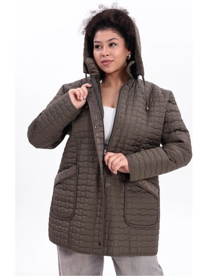 Mg Otantik Kadın Büyük Beden Kürklü Su Itici Kapüşonlu Cepli Kapitone Mont