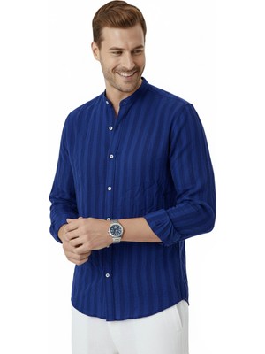 Deepsea Lacivert Çizgi Dokulu Hakim Yaka Rahat Kalıp Kırışık Viskon Keten Erkek Gömlek 2602621