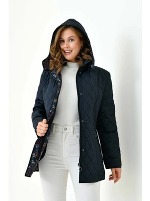 Mg Otantik Kapitone Kadın Büyük Beden Kaban Mont Kapüşonlu Içi Desenli Fermuarlı Çıtçıtlı