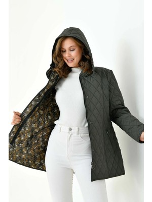 Mg Otantik Kapitone Kadın Büyük Beden Kaban Mont Kapüşonlu Içi Desenli Fermuarlı Çıtçıtlı