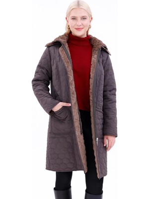 Mg Otantik Kadın Kürklü Kapitone Mont - Su Itici Büyük Beden Kışlık Kaban - MG001
