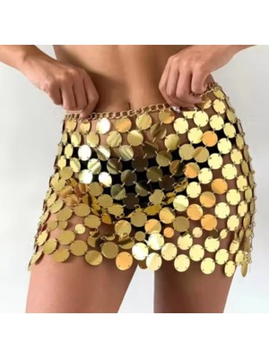 Kadın Parlak Goldpul Mini Etek Gece Kombin Festival Stil,şakira Zincirli Işlemeli Etek Şık Kombini