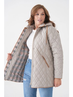 Mg Otantik Kapüşonlu Mevsimlik Mont - Büyük Beden Pamuk Ekoseli Kapitone Kaban