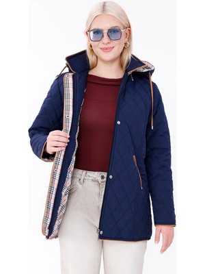 Mg Otantik Kapüşonlu Mevsimlik Mont - Büyük Beden Pamuk Ekoseli Kapitone Kaban