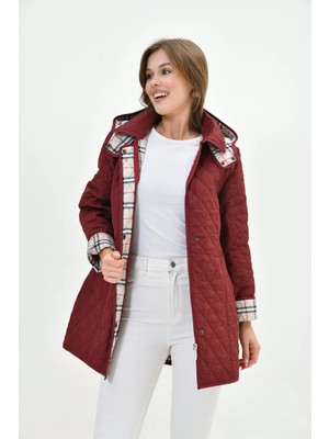 Mg Otantik Mevsimlik Kapitone Kaban Mont Kadın Büyük Beden Kapüşonlu Içi Ekoseli - Dar Kalıp