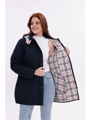 Mg Otantik Mevsimlik Kapitone Kaban Mont Kadın Büyük Beden Kapüşonlu Içi Ekoseli - Dar Kalıp